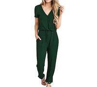 DGKaxiyaHM Combinaisons sans Manches à Col en V pour Femmes GrenouillèRe à Manches Courtes avec Poche à La Taille Et Cordon De Serrage Combinaison Extensible De Couleur Unie (Vert,L)