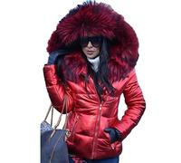 DGKaxiyaHM Doudoune Courte avec Capuche en Fourrure pour Femme Manteau d'hiver Chaud en Coton Polaire à GlissièRe Manteau éPais éPais De Grande Taille (Rouge,L)