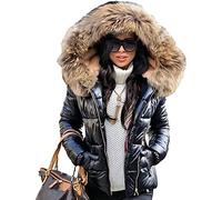 DGKaxiyaHM Doudoune Courte avec Capuche en Fourrure pour Femme Manteau d'hiver Chaud en Coton Polaire à GlissièRe Manteau éPais éPais De Grande Taille (Le Noir2,XXL)