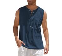 DGKaxiyaHM Gilets en Lin en Coton à Lacets pour Hommes DéBardeur sans Manches Hippie Beach avec Poche T-Shirt à Cordon De Couleur Unie (Bleu Marine,S)