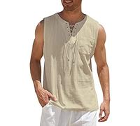 DGKaxiyaHM Gilets en Lin en Coton à Lacets pour Hommes DéBardeur sans Manches Hippie Beach avec Poche T-Shirt à Cordon De Couleur Unie (Kaki,L)
