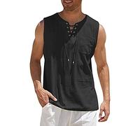 DGKaxiyaHM Gilets en Lin en Coton à Lacets pour Hommes DéBardeur sans Manches Hippie Beach avec Poche T-Shirt à Cordon De Couleur Unie (Le Noir,5XL)