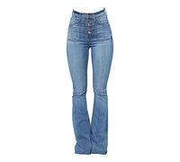 DGKaxiyaHM Jean Bootcut délavé pour Femme Jean évasé Taille Haute boutonné avec Poche plaquée Pantalon en Denim Coupe Slim à Pattes d'eph (Bleu Clair,XS)