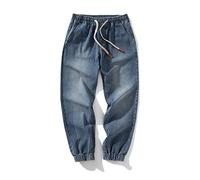 DGKaxiyaHM Jean Crayon Taille mi-Haute pour Hommes Pantalon en Denim délavé à Taille élastique avec Cordon de Serrage Jean décontracté à Jambe Droite d'aspect usé (Bleu,L)