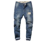 DGKaxiyaHM Jean Sarouel Patchwork Homme Pantalon en Denim décontracté à Taille Haute avec Poche Ample Pantalon d'aspect usé délavé Extensible de Grande Taille (Bleu Clair,32)