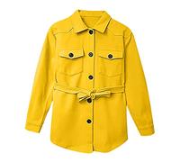 DGKaxiyaHM Manteau En Laine Boutonné Pour Femme Caban En Laine MéLangéE à Ceinture Et Manches Longues Trench Shacket à Fente LatéRale De Couleur Unie (Jaune,XL)