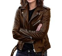 DGKaxiyaHM Manteau Slim Biker Pour Femme Vestes En Cuir ZippéEs à Manches Longues Avec Revers Et Ceinture Printemps Automne Casual Biker Cropped Outwear (Brun,L)