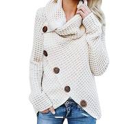 DGKaxiyaHM Pull à Col Roulé IrréGulier à Boutons pour Femmes Chandails en Tricot à Manches Longues avec Croisement sur Le Devant Tricots d'automne Et d'hiver (Blanche,M)