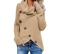 DGKaxiyaHM Pull à Col Roulé IrréGulier à Boutons pour Femmes Chandails en Tricot à Manches Longues avec Croisement sur Le Devant Tricots d'automne Et d'hiver (Kaki,M)