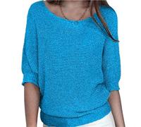 DGKaxiyaHM Pull éLéGant à Encolure Ras du Cou pour Femmes Chemisier Tunique à Manches 3/4 en Tricot Ample VêTements d'automne De Couleur Unie (Bleu2,XL)
