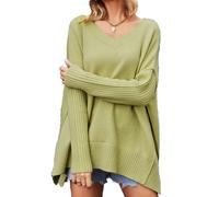 DGKaxiyaHM Pull Oversize à Col en V pour Femmes Chandails à Manches Longues en Tricot Fendu sur Le CôTé Pulls d'automne à La Mode (Vert,L)