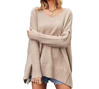 DGKaxiyaHM Pull Oversize à Col en V pour Femmes Chandails à Manches Longues en Tricot Fendu sur Le CôTé Pulls d'automne à La Mode (Kaki,M)