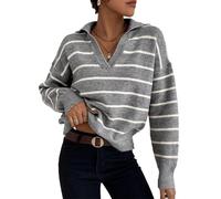 DGKaxiyaHM Pull rayé à col Polo pour Femmes Chandails d'automne à Manches Longues et col en V Pull en Tricot à la Mode Color Block (Gris,M)