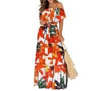 DGKaxiyaHM Robe Longue éPaule Froide des Femmes Robe Maxi PlisséE Hors éPaule avec Rafale Robes Midi Fluides D'éTé (Orange,XL)