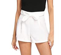 DGKaxiyaHM Short en Lin Plissé avec NœUd Papillon pour Femme Short DéContracté à Jambes Larges avec Fermeture éClair Au Dos Short D'éTé De Couleur Unie (Blanche,S)