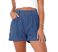 DGKaxiyaHM Short en Velours CôTelé De Couleur Unie pour Femmes Short DéContracté à Taille Haute Et Ourlet Roulé avec Poches Short DéContracté Et Confortable (Bleu,L)
