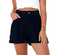 DGKaxiyaHM Short en Velours CôTelé De Couleur Unie pour Femmes Short DéContracté à Taille Haute Et Ourlet Roulé avec Poches Short DéContracté Et Confortable (Le Noir,L)