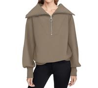 DGKaxiyaHM Sweatshirts à Revers avec Fermeture à GlissièRe pour Femmes VêTements Amples, DéContractéS Et Confortables pour L'Automne Tops Pullover d'hiver Chauds De Couleur Unie (Café,M)