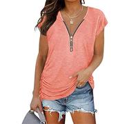 DGKaxiyaHM T-Shirt à Fermeture éClair avec Fronces LatéRales pour Femmes Tops Tuniques DéContractéS à Manches Courtes Et Col en V Tops D'éTé PlisséS De Couleur Unie (Rose,S)