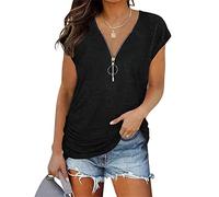 DGKaxiyaHM T-Shirt à Fermeture éClair avec Fronces LatéRales pour Femmes Tops Tuniques DéContractéS à Manches Courtes Et Col en V Tops D'éTé PlisséS De Couleur Unie (Le Noir,S)