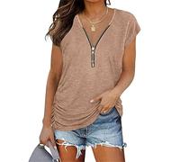 DGKaxiyaHM T-Shirt à Fermeture éClair avec Fronces LatéRales pour Femmes Tops Tuniques DéContractéS à Manches Courtes Et Col en V Tops D'éTé PlisséS De Couleur Unie (Brun,3XL)