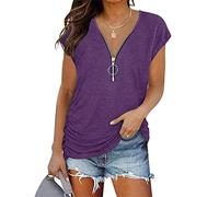 DGKaxiyaHM T-Shirt à Fermeture éClair avec Fronces LatéRales pour Femmes Tops Tuniques DéContractéS à Manches Courtes Et Col en V Tops D'éTé PlisséS De Couleur Unie (Violet,M)