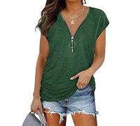 DGKaxiyaHM T-Shirt à Fermeture éClair avec Fronces LatéRales pour Femmes Tops Tuniques DéContractéS à Manches Courtes Et Col en V Tops D'éTé PlisséS De Couleur Unie (Vert,S)