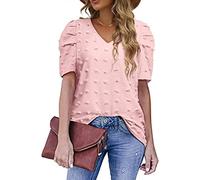 DGKaxiyaHM T-Shirt à Manches Bouffantes à Pois Suisses pour Femmes Chemisiers en Mousseline à Manches Courtes Et Col en V Tops Tuniques DéContractéS De Couleur Unie (Rose,L)