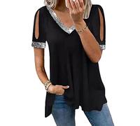 DGKaxiyaHM T-Shirt à Paillettes à Col en V Et à éPaules DéCouvertes pour Femmes Hauts De Chemises Fluides Creuses à Manches Courtes Chemisiers DéContractéS De Couleur Unie (Le Noir,3XL)