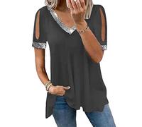 DGKaxiyaHM T-Shirt à Paillettes à Col en V Et à éPaules DéCouvertes pour Femmes Hauts De Chemises Fluides Creuses à Manches Courtes Chemisiers DéContractéS De Couleur Unie (Gris Foncé,XXL)