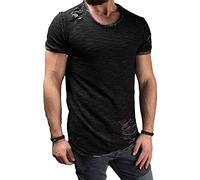 DGKaxiyaHM T-Shirt Musculaire DéChiré par Le Cou Rond pour Hommes Horais De Chagrin à Manches à Manches Courtes Tops De Gym T-Shirt De Course De Couleur Unie (Le Noir,XL)