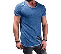 DGKaxiyaHM T-Shirt Musculaire DéChiré par Le Cou Rond pour Hommes Horais De Chagrin à Manches à Manches Courtes Tops De Gym T-Shirt De Course De Couleur Unie (Bleu,L)