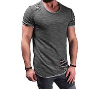 DGKaxiyaHM T-Shirt Musculaire DéChiré par Le Cou Rond pour Hommes Horais De Chagrin à Manches à Manches Courtes Tops De Gym T-Shirt De Course De Couleur Unie (Gris,M)