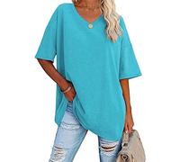 DGKaxiyaHM T-Shirt Oversize à Col en V Et à Demi-Manches pour Femmes Top Tunique DéContracté à éPaules Tombantes T Shirt en Coton Ample De Couleur Unie (Bleu Clair,XL)
