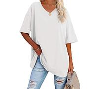 DGKaxiyaHM T-Shirt Oversize à Col en V Et à Demi-Manches pour Femmes Top Tunique DéContracté à éPaules Tombantes T Shirt en Coton Ample De Couleur Unie (Blanche,L)