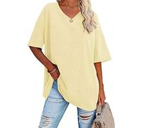 DGKaxiyaHM T-Shirt Oversize à Col en V Et à Demi-Manches pour Femmes Top Tunique DéContracté à éPaules Tombantes T Shirt en Coton Ample De Couleur Unie (Jaune Clair,XL)