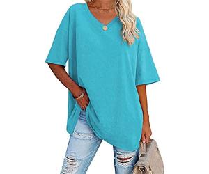 DGKaxiyaHM T-Shirt Oversize à Col en V Et à Demi-Manches pour Femmes Top Tunique DéContracté à éPaules Tombantes T Shirt en Coton Ample De Couleur Unie (Bleu Clair,XL)