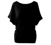 DGKaxiyaHM T-Shirts pour Femmes avec Fronces LatéRales Tops D'éTé DrapéS à Manches Chauve-Souris Et Col Ras du Cou Chemisiers DéContractéS De Couleur Unie (Le Noir,M)