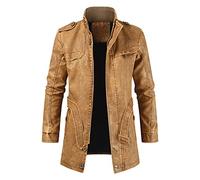 DGKaxiyaHM Veste De Moto Vintage Pour Homme Manteau En Cuir Mi-Long à Col Montant Zippé Veste De Motocyclette Vintage à Col Montant Et Fermeture éClair (Jaune,XXL)