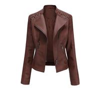 DGKaxiyaHM Veste Moto En Cuir Mince Pour Femme Manteau De Motard DéContracté Court De Couleur Unie Avec Poche Blousons En Cuir LéGers (Café,S)