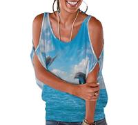 Dgsxynth Hauts pour femmes, hauts à carreaux noirs, hauts amples à épaules dénudées pour le travail et le bureau, Deux dauphins., S