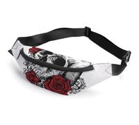 Dgsxynth Sac banane, sac banane fruité pastèque, sac banane réglable pour course à pied, marche, randonnée, Tête de mort avec roses., 36*15cm