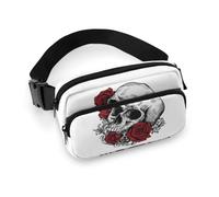 Dgsxynth Sac banane, sac banane réglable bleu requin mignon dessin animé pour course à pied, marche, randonnée, Tête de mort avec roses., 20x13cm