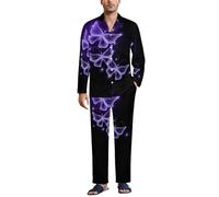 Dgsxynth Vêtements de nuit pour homme, ensemble de pyjama à motif chat à motif d'ongles de chat, vêtements de nuit boutonnés, chemise à manches longues avec pantalon, Papillon violet, M