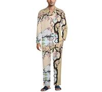 Dgsxynth Vêtements de nuit pour homme, ensemble de pyjama imprimé vache noire, vêtements de nuit boutonnés, chemise à manches longues avec pantalon, Cerisier des Montagnes Fuji au Japon, L