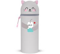 DGTSYAL Trousse Ecole 2 en 1 en Silicone Souple Kawaii, Porte-Plume, Fermeture Eclair en Silicone, Pochette de Stylo, Crayons, Étui pour Fournitures Scolaires de Grande capacité (Chat laitier)