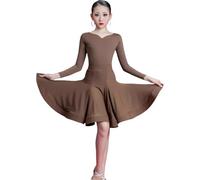 DgtZyrih 2 pièces Filles Danse Latine Robe, col en Forme de Coeur Tenue de Danse à Manches Longues Grand Swing Performance Concours Costume Salle de Bal Salsa Tango Jupes plissées,Marron,160