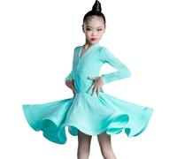 DgtZyrih Filles à Manches Longues Danse Latine Robe Col V Enfants Salsa Tango Dansewear Moderne Scène Performance Costume Salle de Bal Samba Cha Cha Jupe Tenue de Danse,Bleu,170