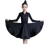 DgtZyrih Filles à Manches Longues Danse Latine Robe Col V Enfants Salsa Tango Dansewear Moderne Scène Performance Costume Salle de Bal Samba Cha Cha Jupe Tenue de Danse,Noir,170