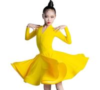 DgtZyrih Filles à Manches Longues Danse Latine Robe Col V Enfants Salsa Tango Dansewear Moderne Scène Performance Costume Salle de Bal Samba Cha Cha Jupe Tenue de Danse,Jaune,140